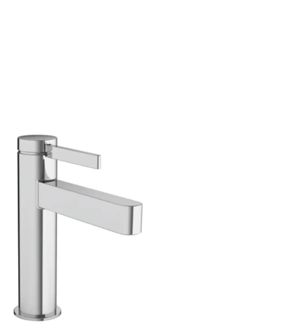 Ein Hansgrohe-Waschtischmischer in Chrom-Optik mit einer langen, flachen Hebelarmatur und einem runden Auslauf, geeignet für moderne Badezimmer.